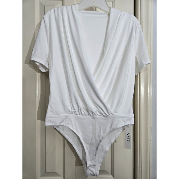 White Wrap-Style Bodysuit With Short Sleeves & V-Neckline Stretchy Polyester/Spa - Picture 1 of 6